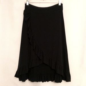 🎁 Free People, Vintage, Hi-Lo, Bohemian, Ruffled, Faux Wrap Skirt in Deep Black